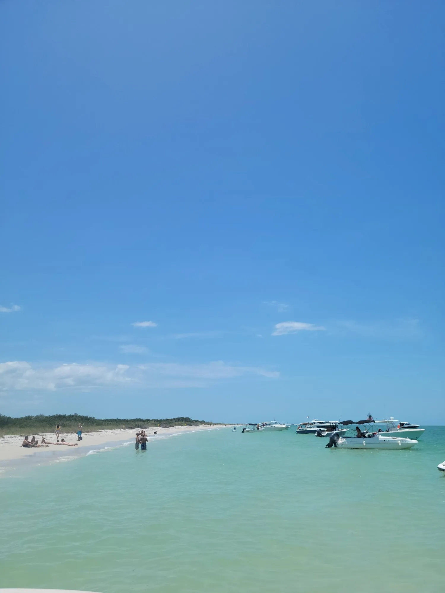 Calm turquoise water along the white-sand shoreline at Shell Key