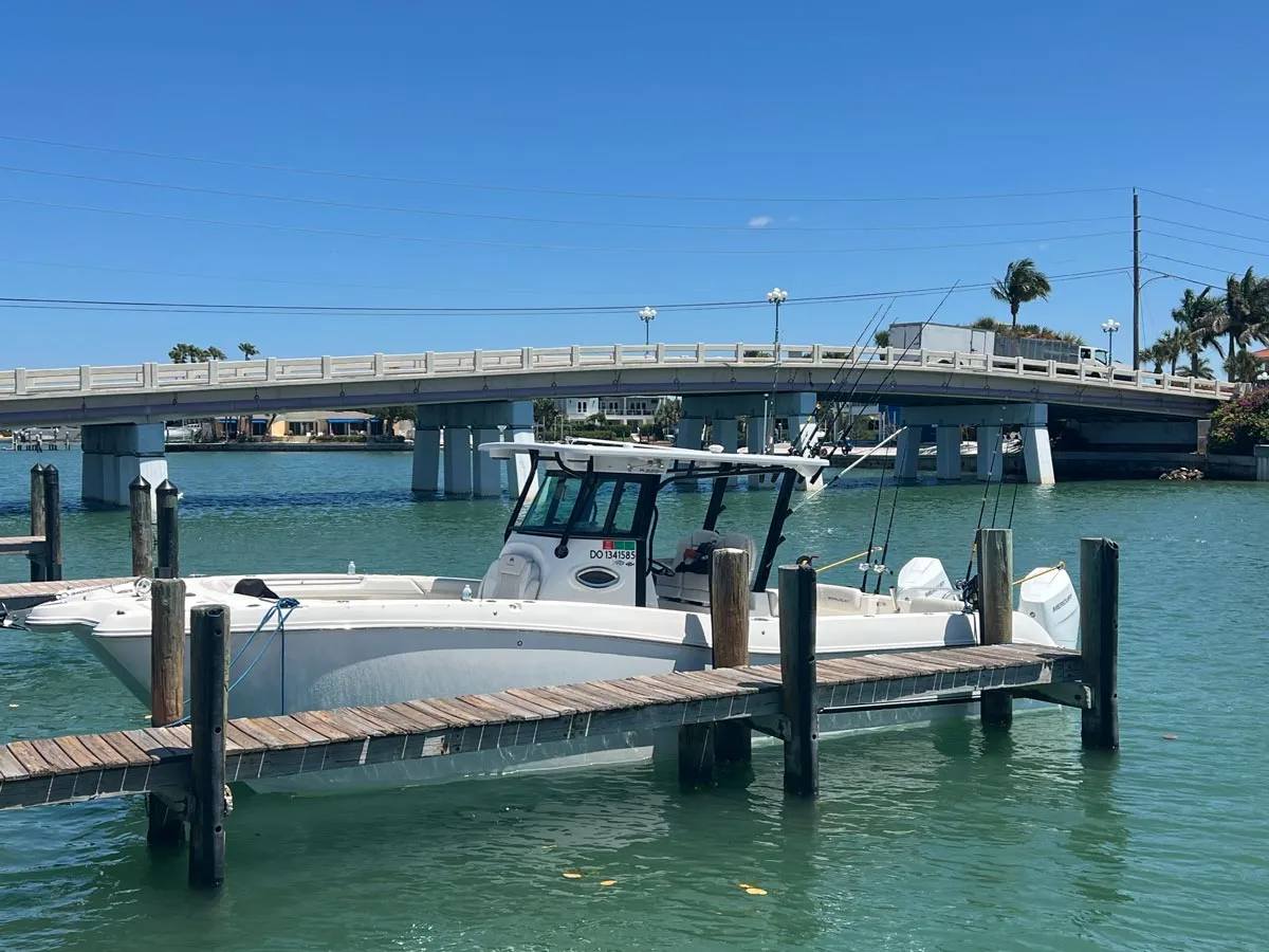 Phat Kat, 32 ft World Cat (catamaran) at the dock