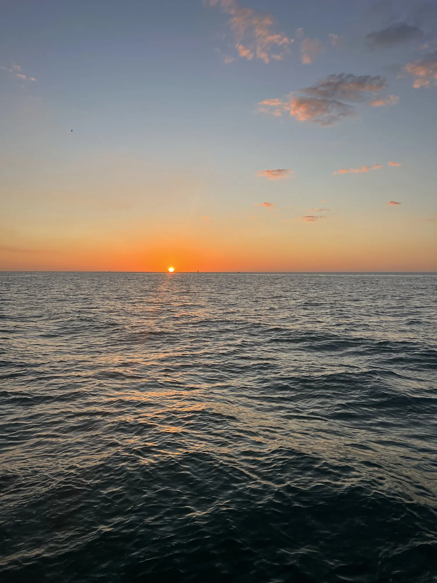 Orange sun on the horizon over calm Gulf water at sunset