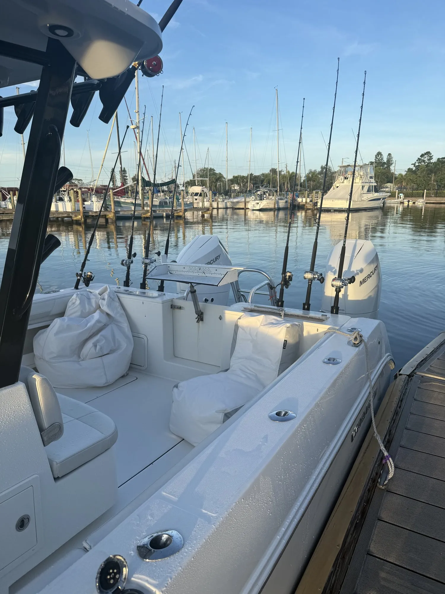 Phat Kat rigged with fishing rods at the dock